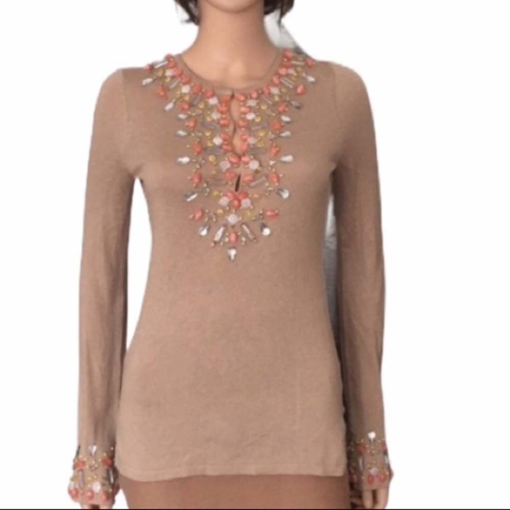 Vintage Bebe Tan Hand Beaded Silk Cashmere Sweater - Embellished Neutral